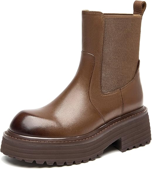 Photo 1 of Size 8--BEAU TODAY Platform Chelsea Boots for Women, Chunky Genuine Leather Elastic Ankle Boots for Women, Fashion Fall boots with Round Toe, Comfortable Slip-on Winter Combat Boots