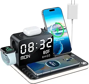 Photo 1 of 7 in 1 Wireless Charging Station for Apple Device Wireless Charger with Night Light Bluetooth TimeSync Temperature 33W Fast Charger for iPhone 16/15/14/13/12 All Series Android Phone Airpods iWatch