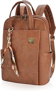 Photo 1 of Kamlui Laptop Backpack for Women, Fit up to 15.6-inch Laptops, PU Leather, Brown, Water-resistant Business Travel Bag with Padded Compartment