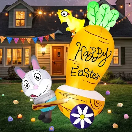 Photo 1 of 6FT Easter Inflatable Outdoor Decorations Bunny Pull Carrot Cart Blow up Yard Rabbit Inflatables Decor with Built-in LED Lights for Party Home Garden Holiday Décor