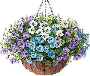 Photo 1 of Artificial Pansies Fake Hanging Plants Flowers Basket for Outdoor Outside Decoration, 12 pcs Silk Pansy UV Resistant Look Real Colorful Faux Flowers for Home Porch Yard Patio Balcony Garden Arch Party