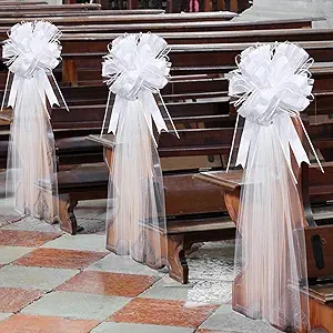 Photo 1 of 30 Set Wedding Pew Bows with Long Tulle Tails Wedding Aisle Decorations Church Chair Aisle Decorations Wedding Car Decoration Big Bows for Bridal Shower