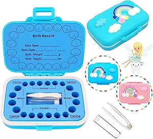 Photo 1 of Baby Teeth Keepsake Box Tooth Organizer for Lost Teeth, Tooth Storage with Fetal Hair Container for Tooth Fairy (Rainbow-Blue)