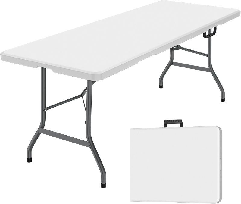 Photo 1 of 6 ft Folding Table, Foldable Dining Table, White Plastic Table, Lightweight Portable Table, Industrial Workbench for Indoor Outdoor, Picnic, Camping, Board Game with Handle, Locks - White 