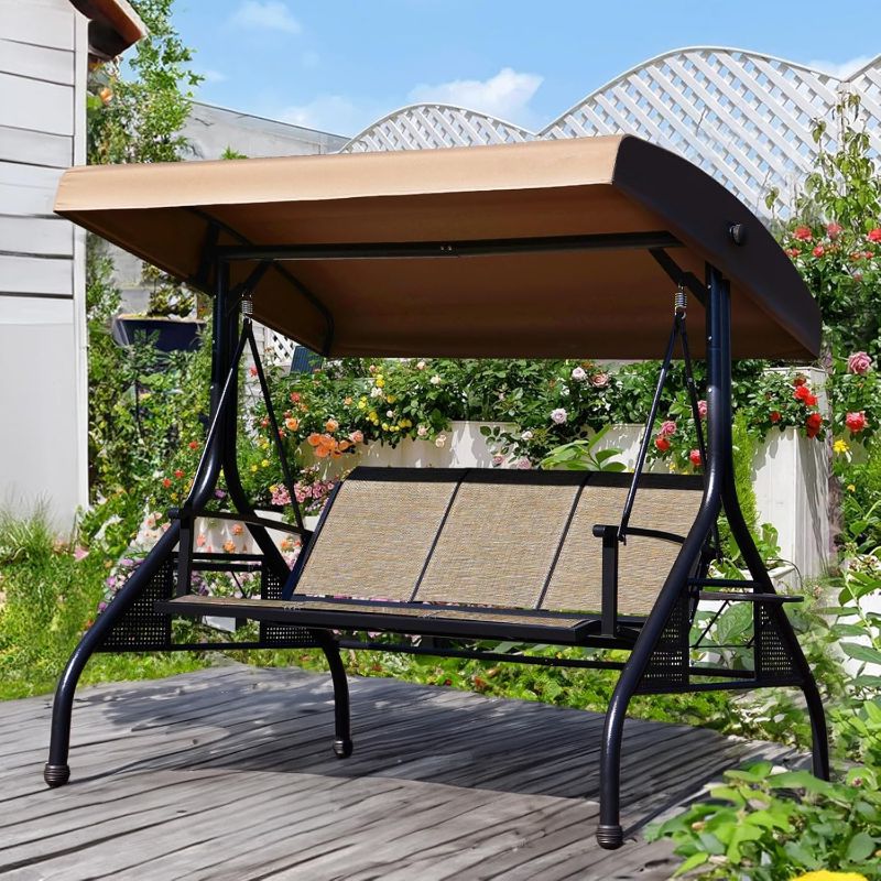 Photo 1 of  NOBLEMOOD Outdoor Patio Swing with Adjustable Canopy, 3 Seat Outdoor Porch Swing with Stand, Cup Holders, Waterproof Textilene Swing Chair for Backyard Garden Patio 