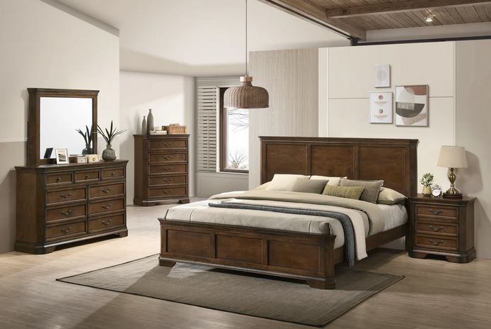 Photo 1 of 8 Piece Bedroom Set, Roundhill Furniture Maderne Traditional Wood Panel Bedroom Collection, Queen Size, Antique Walnut Finish