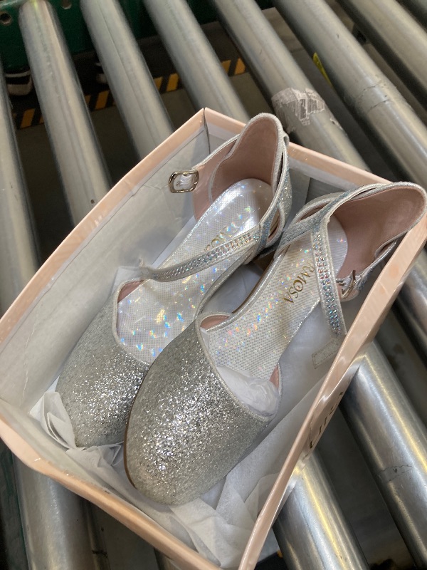 Photo 1 of LAURMOSA Heels for Girls Silver Dress Shoes Girl Sandals for Wedding Party Dinner Closed Toe Low Chunky Block Ankle Strap Pump Shoes for Little Big Kids(L1013Silver 3)