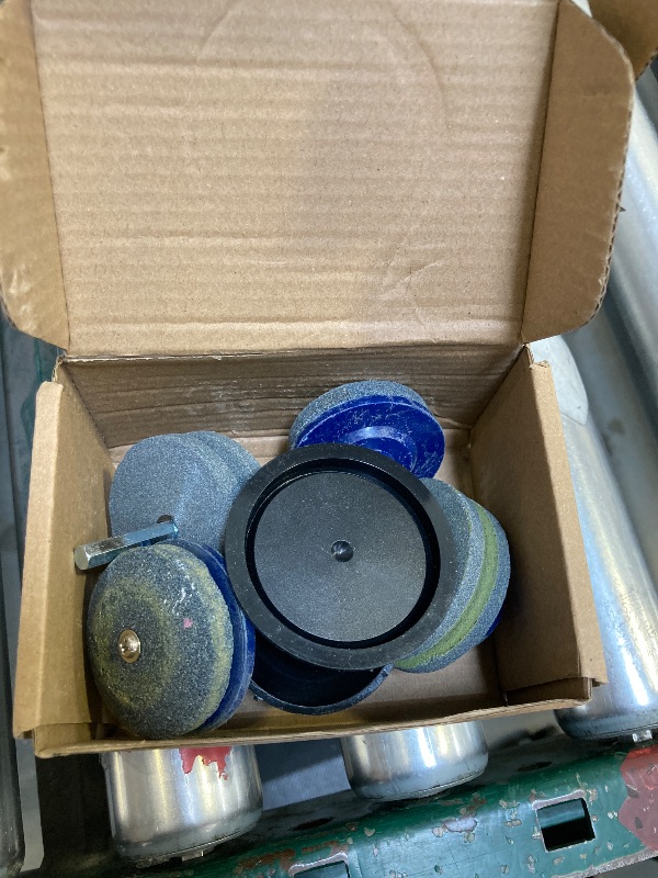 Photo 1 of Lawn Mower Blade Sharpener, 4 PCS Lawn Mower Dull Blade Sharpener Kit with Balancer, Wear Resistant Rotary Blade Sharpeners for Any Power Hand Drill