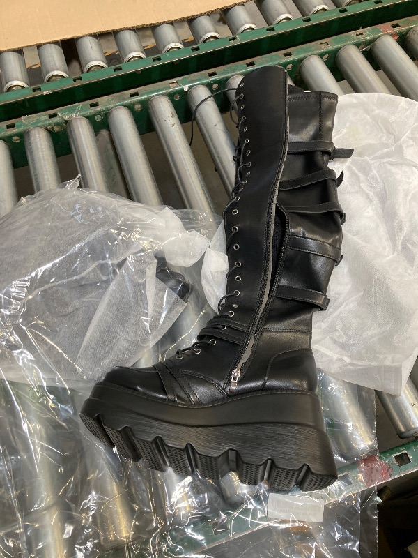 Photo 1 of Gothniero Black Platform Boots Over Knee Thigh High Goth Boots for Women Chunky Heel Rave Motorcycle Boots with Buckles Side Zip Lace Boots Size 8.5