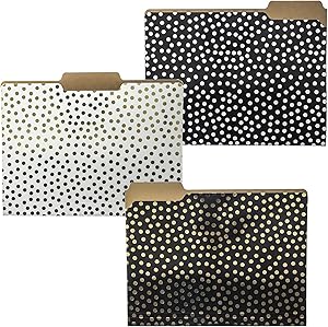 Photo 1 of Graphique Designer Black, White, and Gold Polka Dots File Folders | Set of 9 (3 Designs) | Letter Size Organizers | Decorative Office Supplies | Durable Coated Cardstock | 1/3-Cut Tabs
