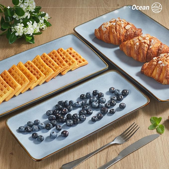 Photo 1 of Famiware Serving Platter, Rectangular  Serving Dishes for Entertaining, Microwave Dishwasher Safe, Stonware Serving Trays for Party, Turkey, Cheese, Ocean Series, Blue