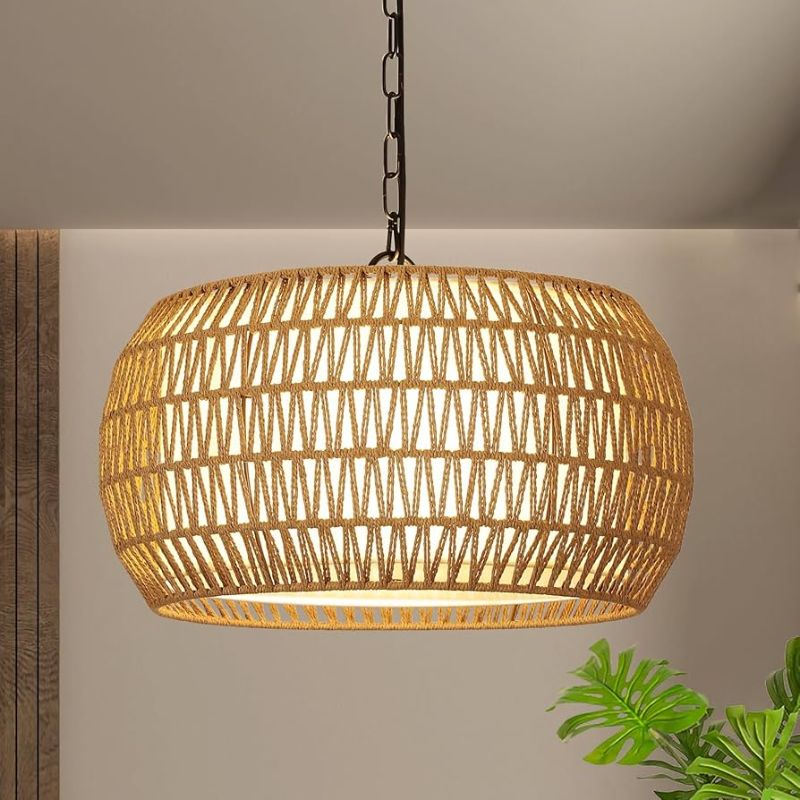 Photo 1 of QIHONGLT Rattan Chandelier, 5-Lights Boho Large Pendant Light, Hand Woven Basket Pendant Chandeliers for Dining Room Living Room Kitchen Island Bedroom Foyer, Height Adjustable (17.2in)
