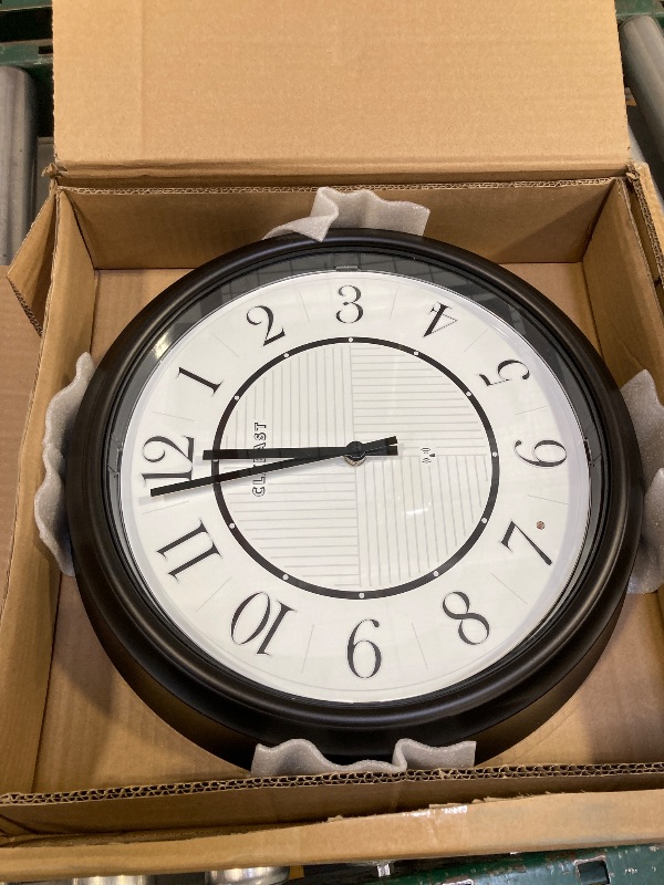 Photo 1 of CLXEAST 14 Inch LED Illuminated Indoor Outdoor Atomic Analog Wall Clock Battery Operated, Glow in The Dark Wall Clock for Living Room, Home Office,Bathroom,Kitchen,Oil Rubbed Bronze Black Finish