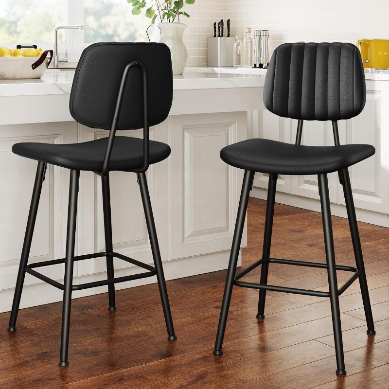Photo 1 of 24.6-Inch Leather Bar Stools Set of 2, Counter Height Barstools with High Backrest? Bar Chairs for Kitchen Island with Footrest, Black