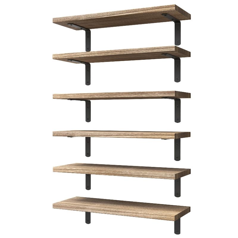 Photo 1 of  WOPITUES Wood Floating Shelves Set of 6, Shelves for Wall Decor, Farmhouse Shelf for Bedroom, Bathroom Storage Shelves, Book Shelves for Living Room - Rustic Brown 