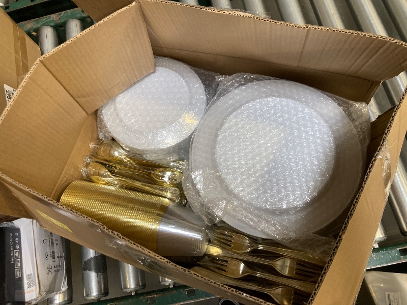 Photo 1 of Goodluck 600 Pieces Gold Disposable Plates for 100 Guests, Plastic Plates for Party, Dinnerware Set of 100 Dinner Plates, 100 Salad Plates, 100 Spoons, 100 Forks, 100 Knives, 100 Cups