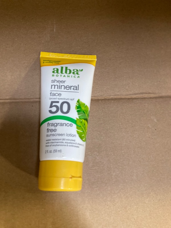 Photo 1 of Alba Botanica Sunscreen for Face, Fragrance-Free Sheer Mineral Face Sunscreen Lotion, Broad Spectrum SPF 50, Water Resistant and Biodegradable, 2 fl. oz. Bottle (Packaging May Vary)