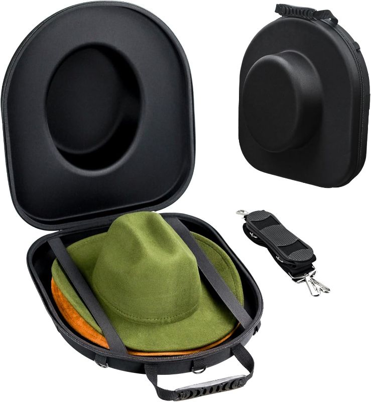 Photo 1 of  Cowboy Hat Travel Case, Crushproof Carrier Hat Box for Cowboy, Panama & Tweed Hats with Carrying Handle, Shoulder, and Luggage Strap, For Travel and At-Home Storage (Large 17x15) 