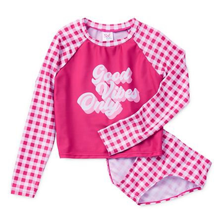 Photo 1 of  Sol Swim Little & Big Girls Checked Rash Guard Set, 18.5 Plus, Pink 