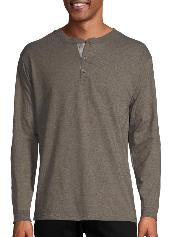 Photo 1 of  Hanes Beefy-T Men's Long Sleeve Henley Camouflage Green Heather SIZE L 