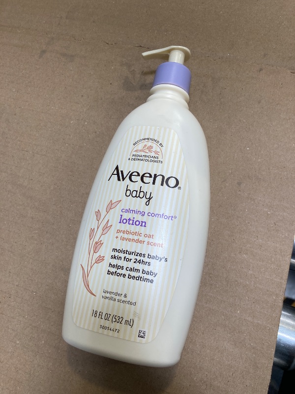 Photo 1 of Aveeno Baby Calming Comfort Moisturizing Body Lotion with Relaxing Lavender & Vanilla Scents, Non-Greasy Baby Lotion, Nourishing Prebiotic Oatmeal, Paraben- & Phthalate-Free, 18 fl. oz