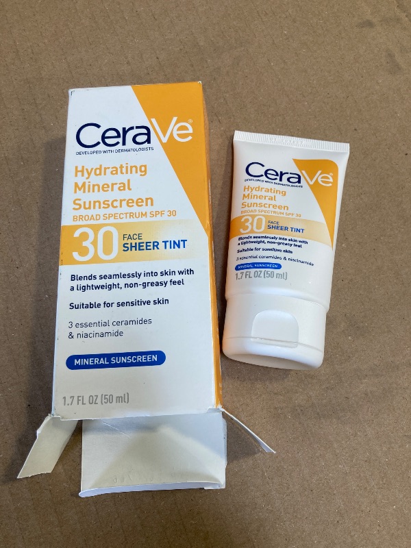 Photo 1 of CeraVe Hydrating Mineral Sunscreen SPF 30 with Sheer Tint, Tinted Mineral Sunscreen with Zinc Oxide & Titanium Dioxide, Blends Seamlessly For Healthy Glow, Medium, 1.7 Fluid Ounce
