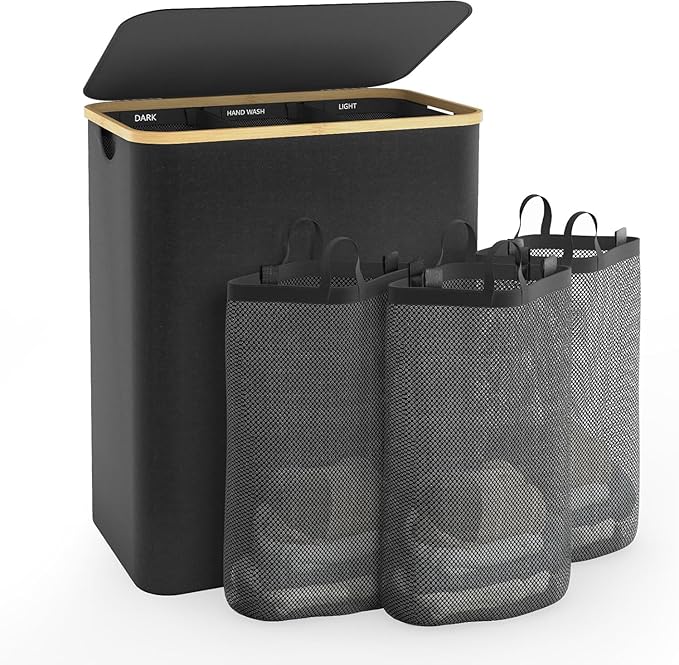 Photo 1 of Hampers for Laundry Basket with Lid, 160L Extra Large 3 Section Clothes Divided Organizer for Bedroom, Laundry Room, Dirty Clothing Hamper, Black