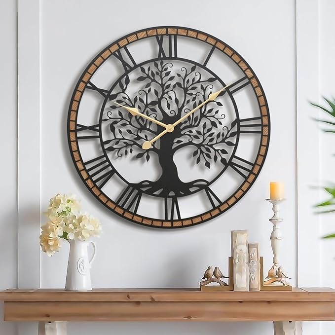 Photo 1 of Micasso 24 in Large Tree of Life Wall Clock, Metal Black Modern Wall Clock with Solid Wood Frame, Oversized Non-Ticking Battery Operated Silent Clock for Office,Living Room,Kitchen.
