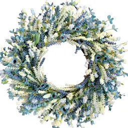 Photo 1 of 24 Inch Summer Spring Blue Ivory Lavender Flower Wreath for Front Door, Rustic and Farmhouse Wild Flowers Wreath for Inside and Outside, Coastal Blue Home Decorating