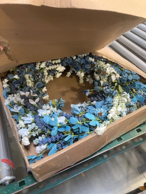 Photo 1 of 24 Inch Summer Spring Blue Ivory Lavender Flower Wreath for Front Door, Rustic and Farmhouse Wild Flowers Wreath for Inside and Outside, Coastal Blue Home Decorating