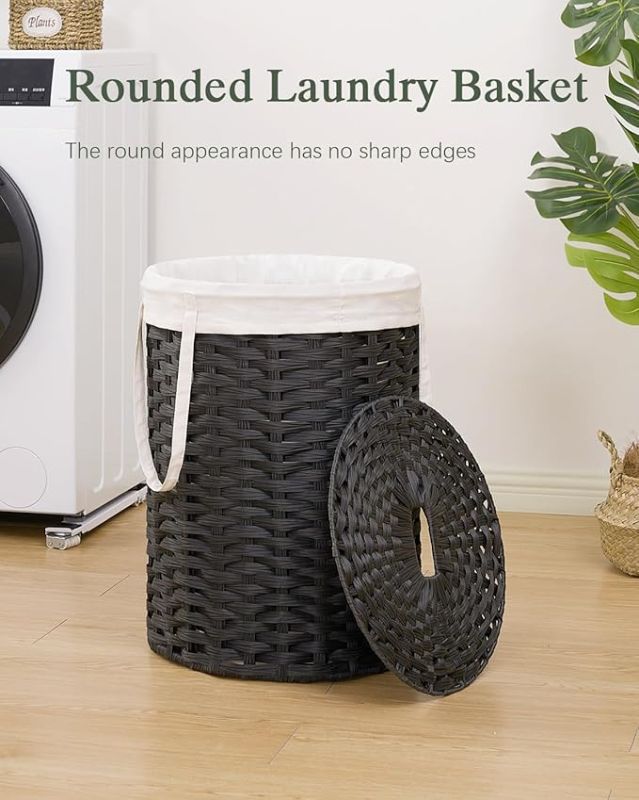 Photo 1 of Laundry Hamper with Lid Laundry Basket with Lid 19.0 Gal (72 L) Round Wicker Laundry Basket Handwoven Rattan Basket with Lid Removable Bag 2 Mesh Bags Handles for Living Room Bathroom Black