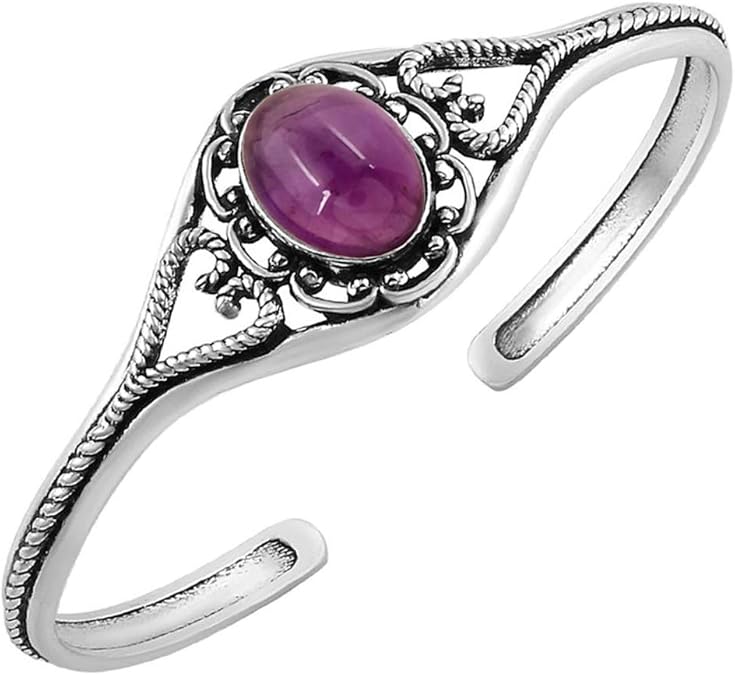 Photo 1 of 5.80 Cts Oval Shape Natural & Synthetic Gemstones Bohemian Cuff Bangle For Women, Handmade Silver Overlay Birthstone Bangle Jewelry Women's Day Gifts For Mom Wife