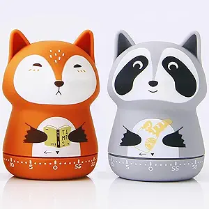 Photo 1 of 2 Pack Cute Kitchen Timer,100% Mechanical Timer for Kids,60 Minute Egg Timer for Cooking/Reading/Do Sports. (Fox and Raccoon)