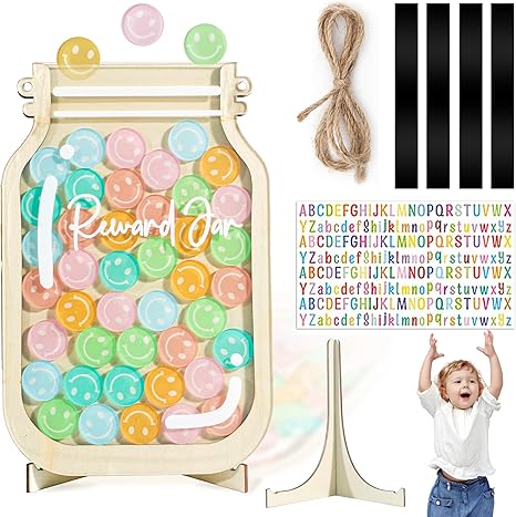 Photo 1 of Personalized Magnetic Reward Jar, Smiley Faces Jar with Colorful Letter Stickers, Ideal for Classroom Reward System, Home Chore Chart, Positive Behavior Training (42PCS Smiley)