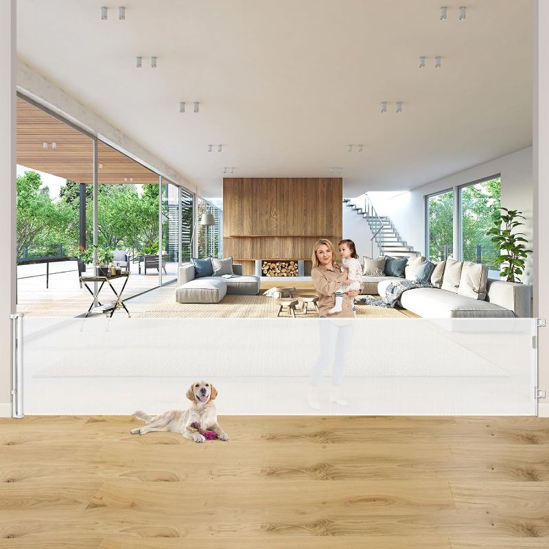 Photo 1 of  160 Inch Retractable Baby Gates Extra Wide Dog Gate for Wide Openings Wide Retractable Gate Indoor Outdoor Large Pet Gate Retractable Dog Gate Extra Wide Baby Gate Garage Gate Deck Gate, White 