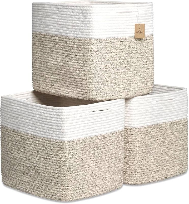 Photo 1 of  NaturalCozy 13x15x13 Kallax Storage Cubes Bins, 3 Pack | Cotton Rope Cube Storage Bin Woven Baskets for Organizing | Kallax Insert Storage Baskets for Shelves Organizer, Kids Toy, Closet Baby Nursery 