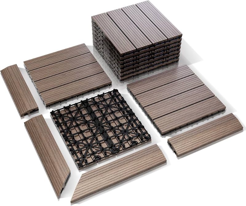 Photo 1 of 24PCS Interlocking Deck Tiles Outdoor - Weatherproof Heavy Duty Composite Deck Tiles with Borders & Corner Trims Patio Floor Tiles - DIY Patio Kit, Outside Flooring for Yard Basement Balcony Poolside