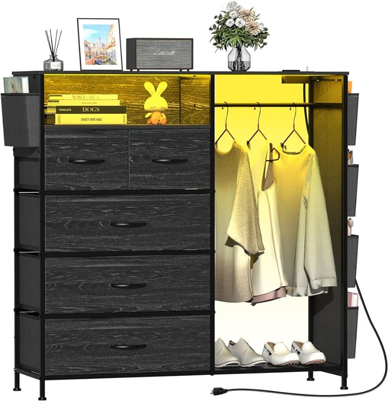 Photo 1 of 5-Drawer Wardrobe Dresser for Bedroom with Clothes Rack & Side Pockets, Wood Top Organizer with Charging Station & LED Lights, Sturdy Steel Frame – Ideal for Nursery, Closet, Hallway Storage (Black)