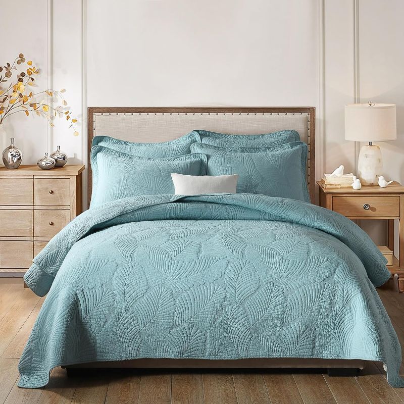 Photo 1 of mixinni Quilt King Size Reversible 3-Piece Light Blue Embroidery Pattern Elegant King Size Bedspread Set, (1 Quilt,2 Pillow Shams)