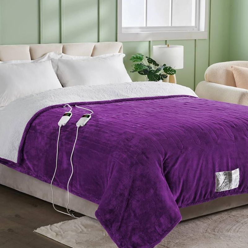 Photo 1 of BOMOVA Heated Electric Blanket Throw, Heating Blanket with 10 Heating Levels & 8 Hours Auto Off, Super Cozy Soft Sherpa Blanket with Fast Heating Overheating Protection, Machine Washable, 84 X 90 INCHES, PURPLE