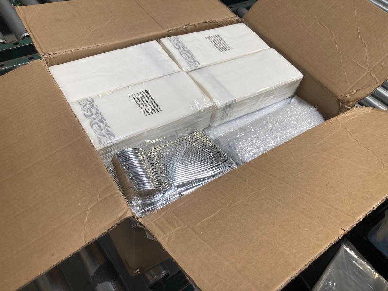 Photo 1 of Bestluck 700PCS Silver Plastic Dinnerware Set for 100 Guests, Disposable Plates for Party, Include 100 Dinner Plates, 100 Dessert Plates, 100 Set Silver Silverware, 100 Cups, 100 Napkins