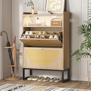 Photo 1 of FiveWillowise Shoe Storage Cabinet, Rattan Shoe Cabinet with 2 Flip Drawers & Sensor Light for Entryway, Narrow Free Standing Shoe Racks for Entryway, Hallway, Natural