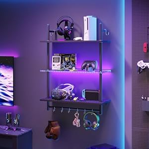 Photo 1 of Bestier Gaming Floating Shelves, 24 inch LED Wall Mounted Shelves with Towel Bar, Coffee Bar Shelves with Glass Shelf & 8 Hooks, 3 Tier Hanging Display Rack for Wall Decor, Black Carbon Fiber 