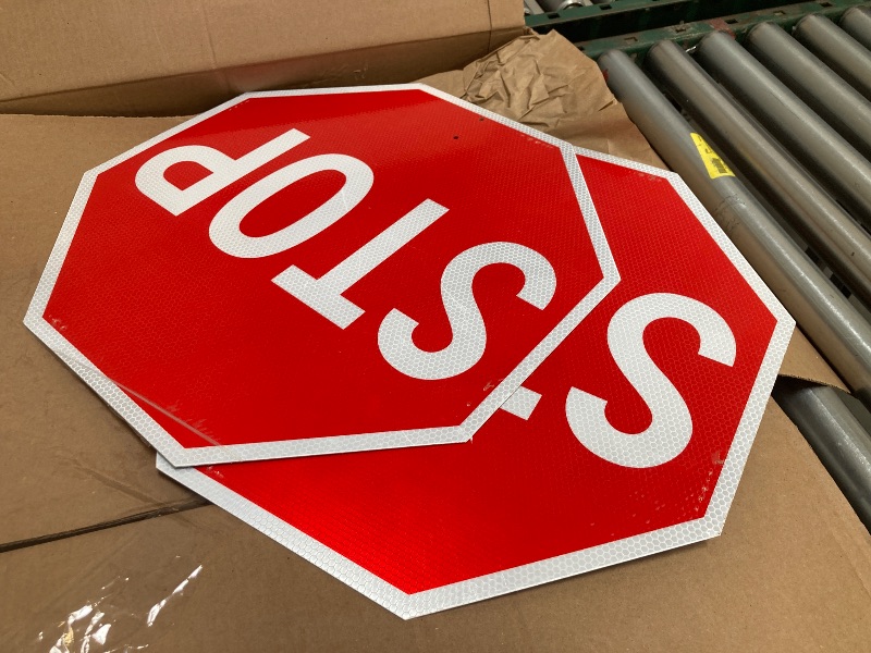 Photo 1 of T&R (2 Pack) Large Stop Slow Sign with Handle, 18 x 18 Inches Double Sided Stop/Slow Traffic Sign, Rust Free Aluminum Reflective, Weather Resistant, Waterproof, Fade Resistant, Easy to Mount.