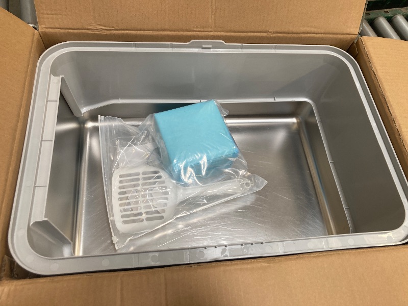 Photo 1 of Stainless Steel XL High Sided Metal Sifting Cat Litter Box with Lid, Anti-Leakage, Easy Clean, Include Scoop, Liner, Pee Pad and Hook