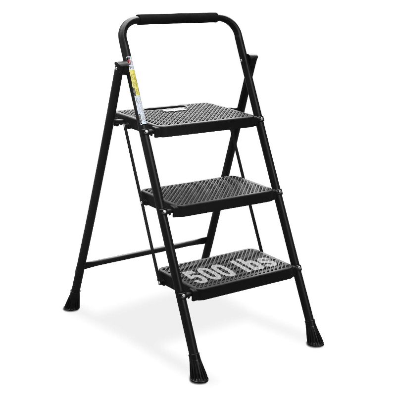 Photo 1 of 3 Step Ladder, Protable Steel Folding Stool with Wide Anti-Slip Pedal, 500lbs Sturdy Steel Ladder, Black