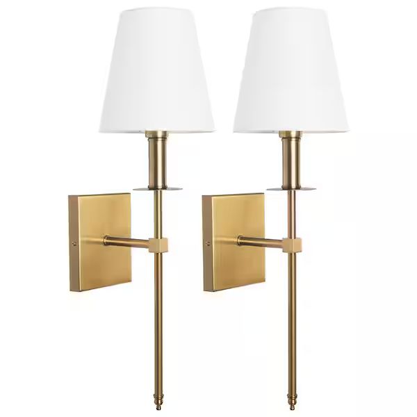 Photo 1 of 1-Light Modern Gold Wall Sconce with White Fabric Shade(2-Pack)