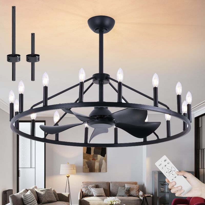 Photo 1 of OSGNER 44'' Black Wagon Wheel Chandelier Ceiling Fan with Light, Farmhouse Fandelier with Candle for Living Room,Adjustable Large Rustic Light Fixture with Fans for Bedroom Kichen