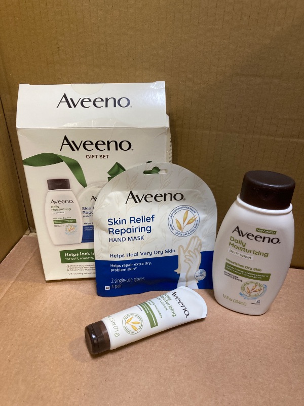 Photo 1 of Aveeno Daily Moisture Gift Set, Skincare Set for Dry Skin with Nourishing Body Lotion, Moisturizing Body Wash, & Skin Relief Hand Mask, Formulated with Prebiotic Oat, Paraben-Free, 3 Items