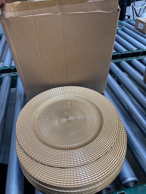 Photo 1 of Hiceeden 12 Pack Gold Charger Plates for Dinner Plates, 13" Round Plastic Chain Shaped Charger Service Plates, Decorative Chargers Bulk for Table Setting, Wedding, Party, Event